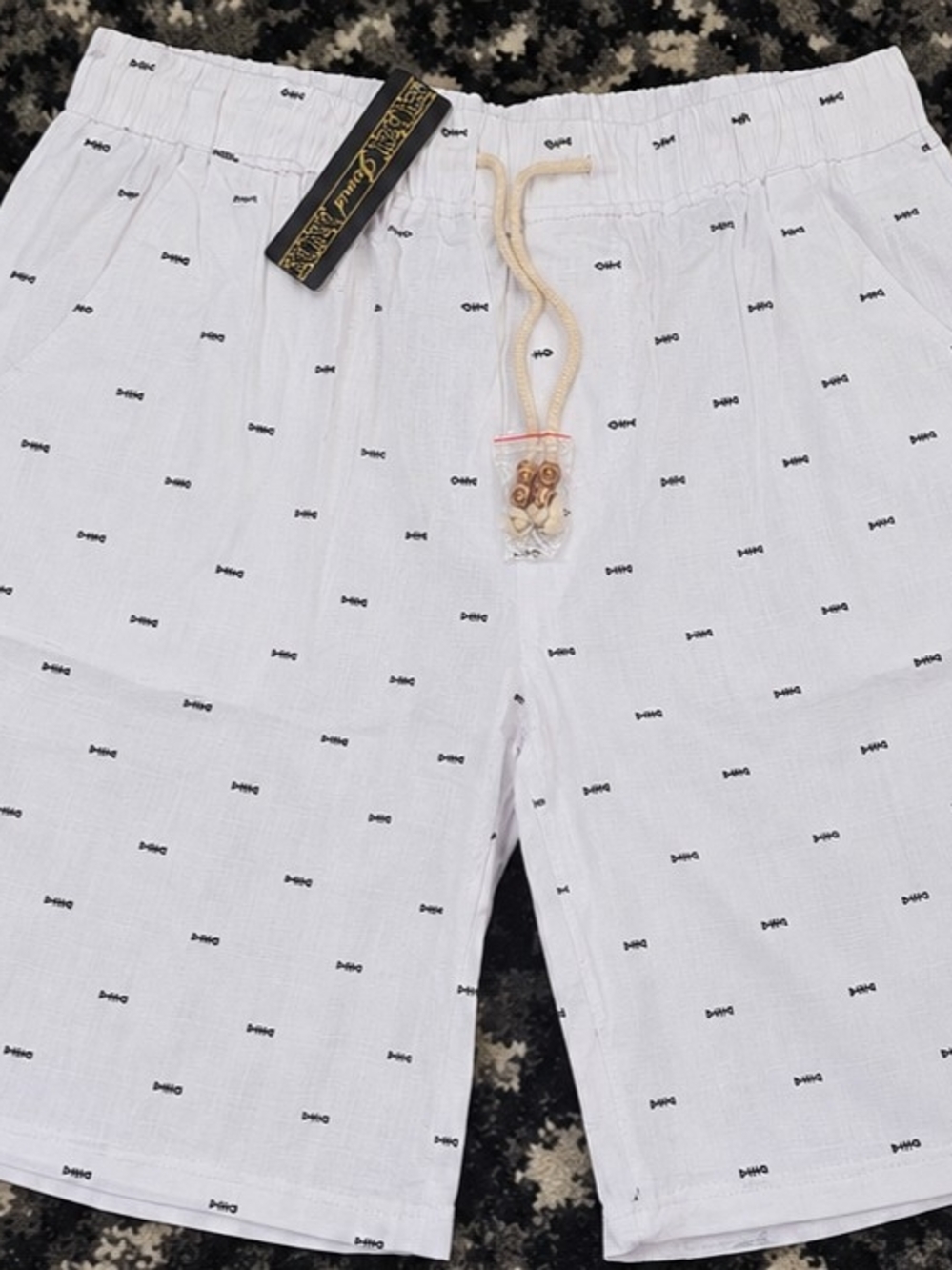 Janmid White Fishbone Print Cotton Linen Drawstring Shorts 3XL NWT